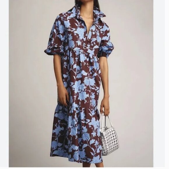 Anthropologie Maeve The Bettina Tiered Shirt Dress Maroon Blue Floral 100%Cotton - Picture 2 of 6